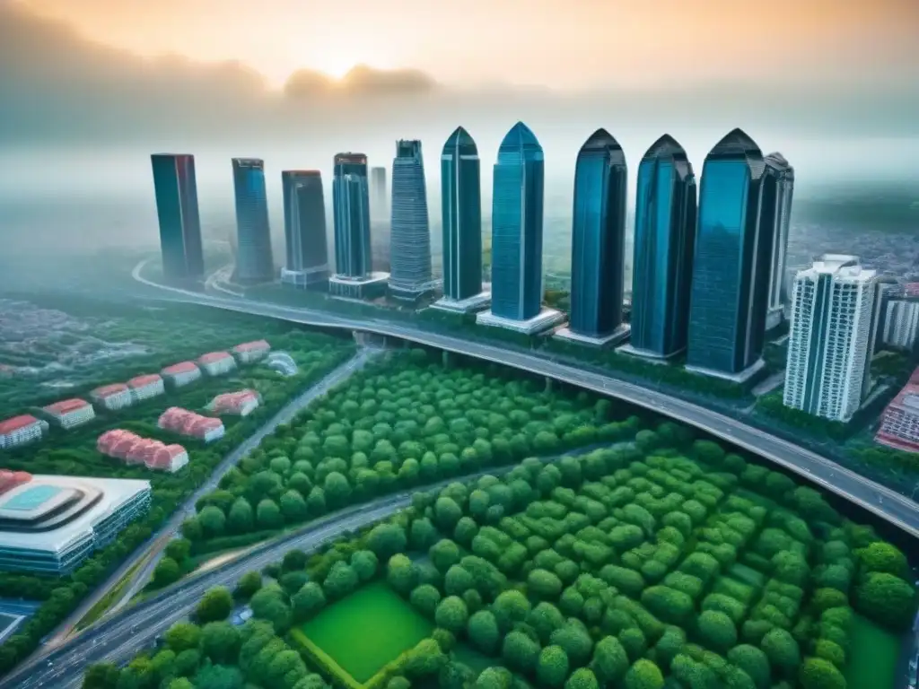 Metrópolis en desarrollo: ciudad vibrante y diversa Vista aérea vibrante de una ciudad emergente con rascacielos, edificios tradicionales, calles llenas de gente y vehículos