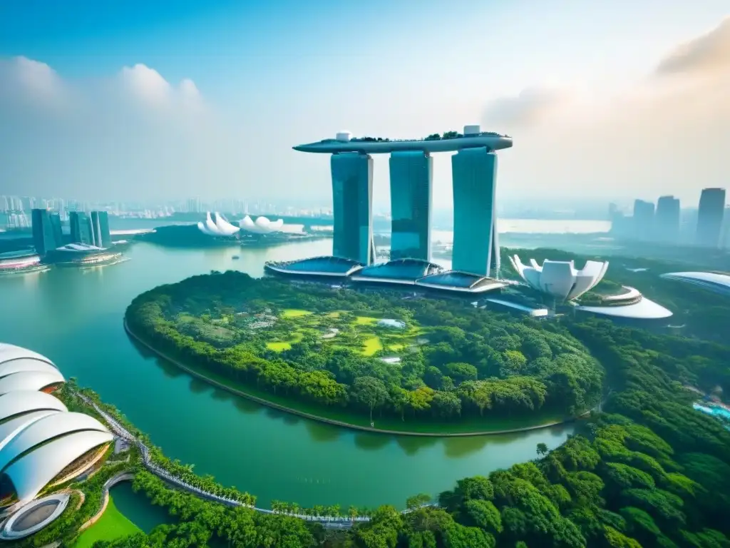 Skyline de Singapur: modernidad y naturaleza Vista aérea vibrante de Singapur con Marina Bay Sands, Supertree Grove y distrito financiero