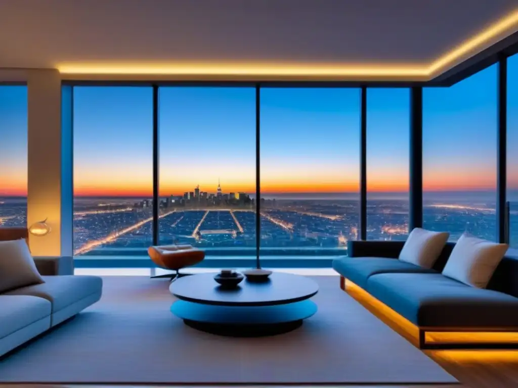 Penthouse de lujo con vistas panorámicas en ciudad moderna Vistas impresionantes de la ciudad desde un lujoso ático moderno