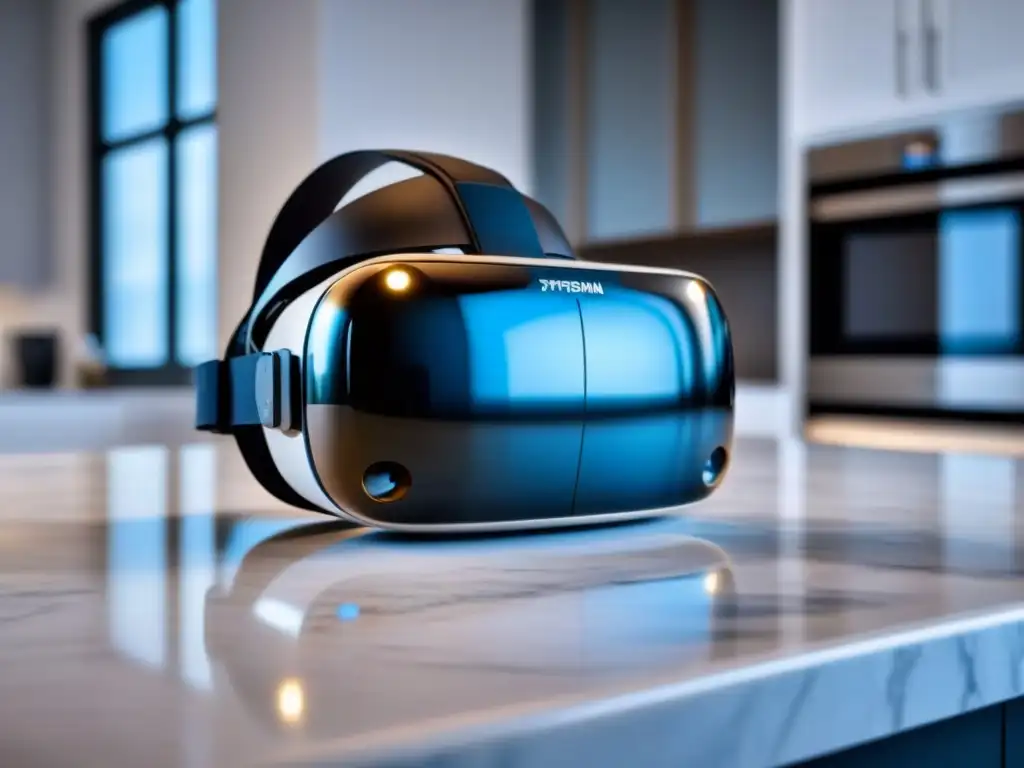 Realidad virtual inmobiliaria personalizada: lujo y tecnología Un vistazo a la Realidad Virtual en bienes raíces: un casco futurista sobre mármol, con planos y gadgets de alta tecnología