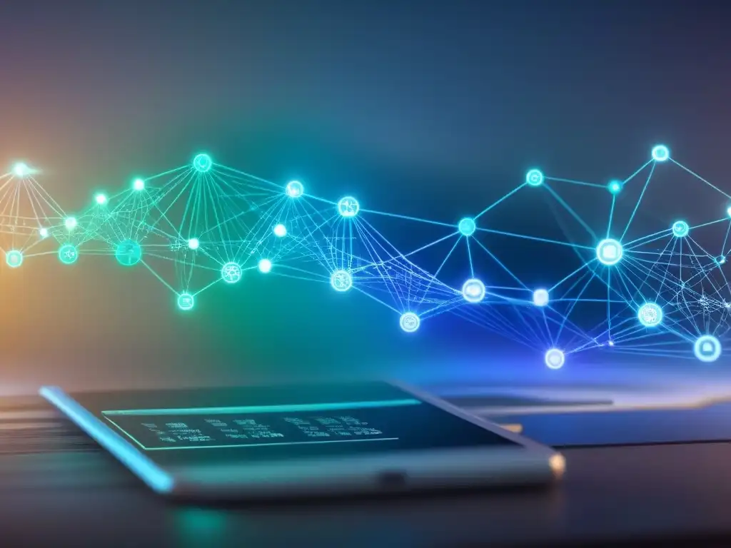 Simulación holográfica: Estrategias de marketing de afiliación para seguros Visual futurista de estrategia de afiliados en seguros propiedad: red interconectada con datos y gráficos dinámicos en una interfaz digital elegante