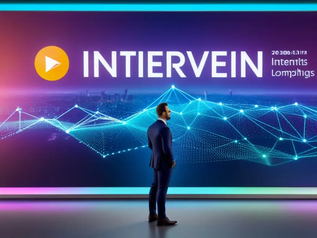 Red de datos futurista: vital en valoraciones de inversión Visual futurista muestra red de datos conectados, gráficos y algoritmos, resaltando la importancia de datos en tasaciones IA para inversores