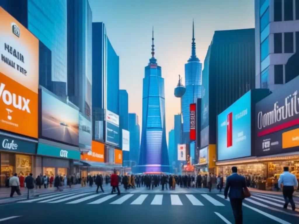 Distrito Comercial Próspero: Arquitectura Moderna y Dinamismo Económico Vital distrito comercial con modernos rascacielos y negocios, reflejando la prosperidad de la inversión inmobiliaria y las tasas de interés