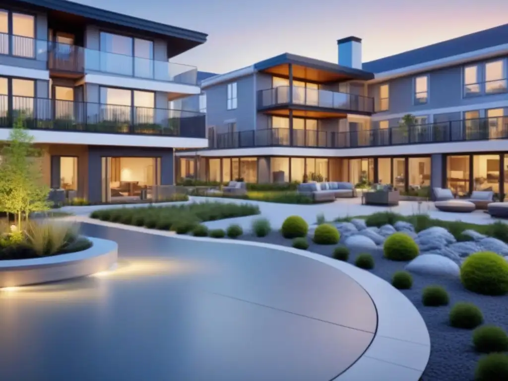 Comunidad de retiro contemporánea para Baby Boomers: moderna arquitectura con espacios sociales y actividades recreativas Vivienda adecuada para jubilación: Comunidad de retiro contemporánea con moderna arquitectura, jardines y actividades recreativas para adultos mayores