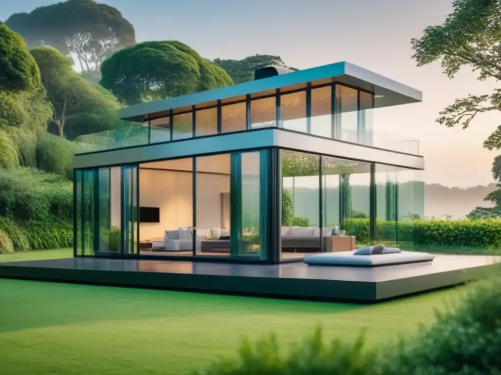 Vivienda futurista de vidrio transparente con tecnología eco Vivienda de cristal futurista con tecnología avanzada y paneles solares, rodeada de vegetación