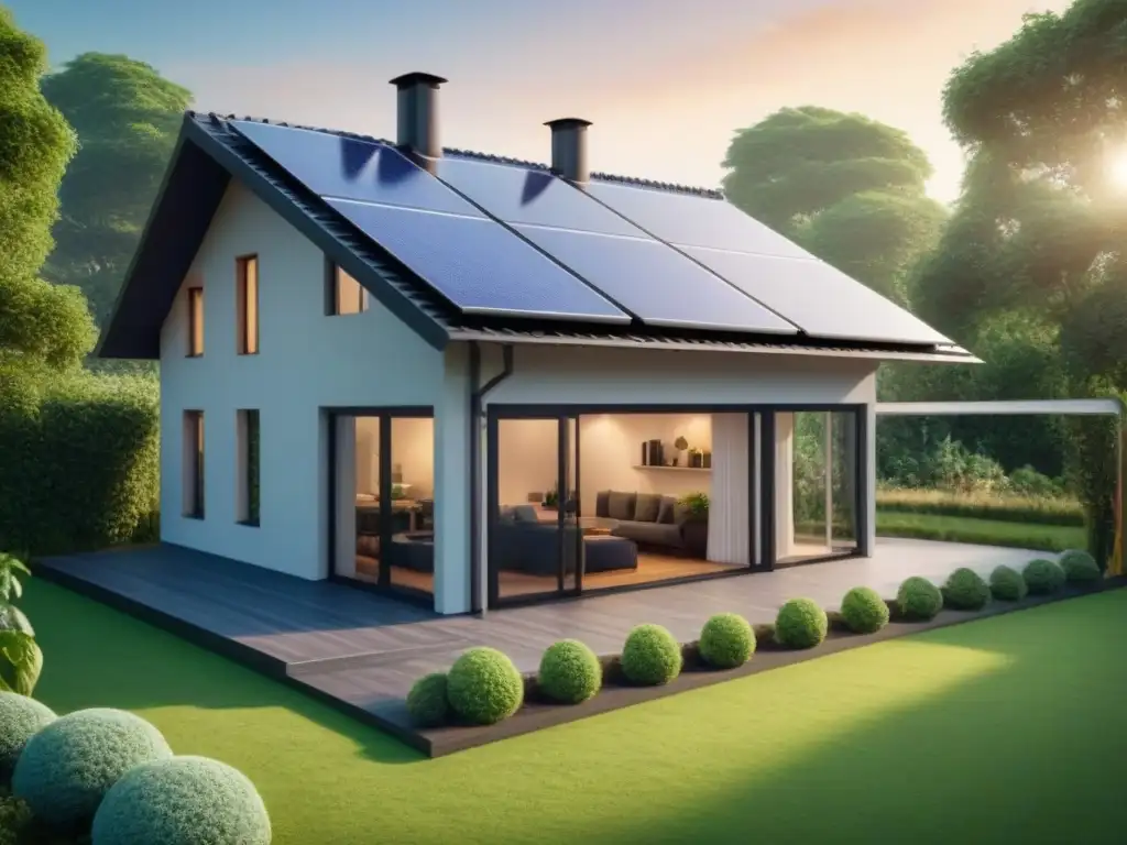 Vivienda ecoamigable con paneles solares, jardín y sistema de recolección de agua de lluvia