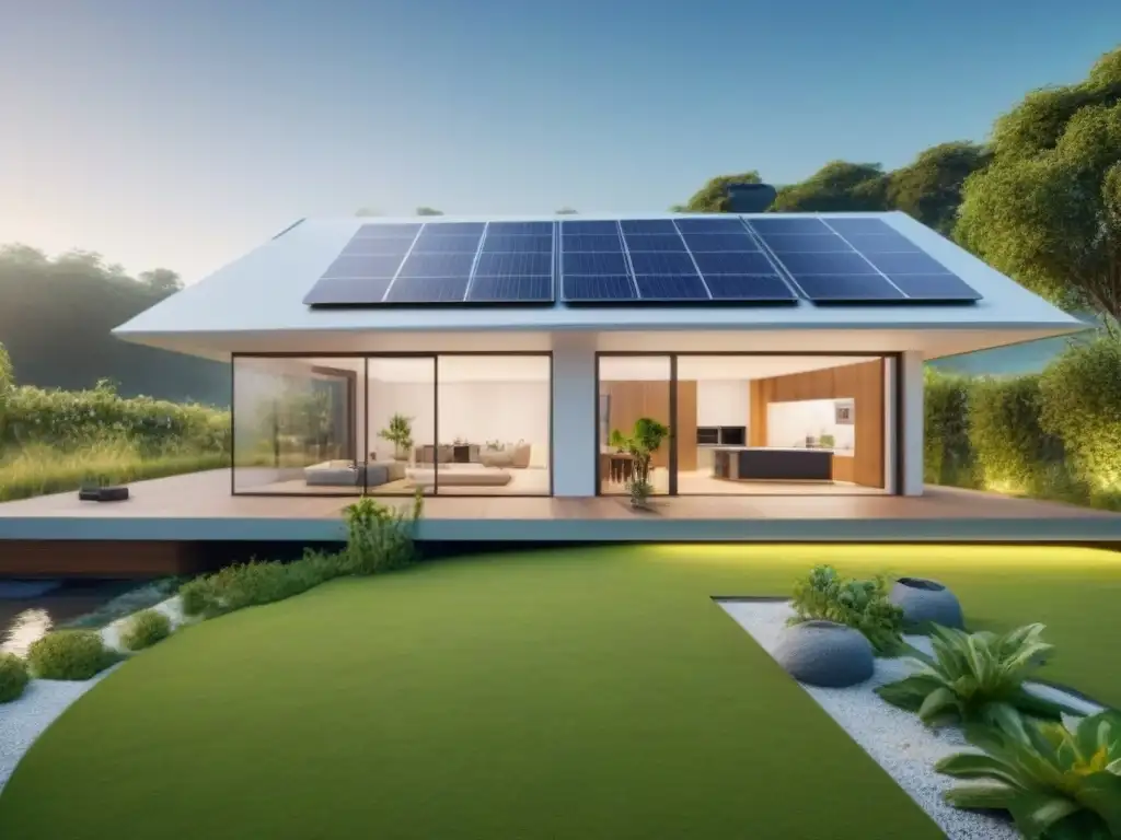 Vivienda ecológica futurista con paneles solares y jardín, ejemplifica prácticas ecológicas en flipping inmobiliario