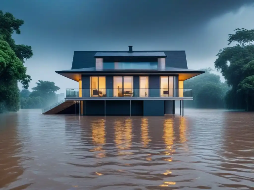 Residencia moderna protegida: la importancia del seguro contra inundaciones Vivienda moderna rodeada de aguas de inundación, resaltando la protección de los Seguros de propiedad contra desastres