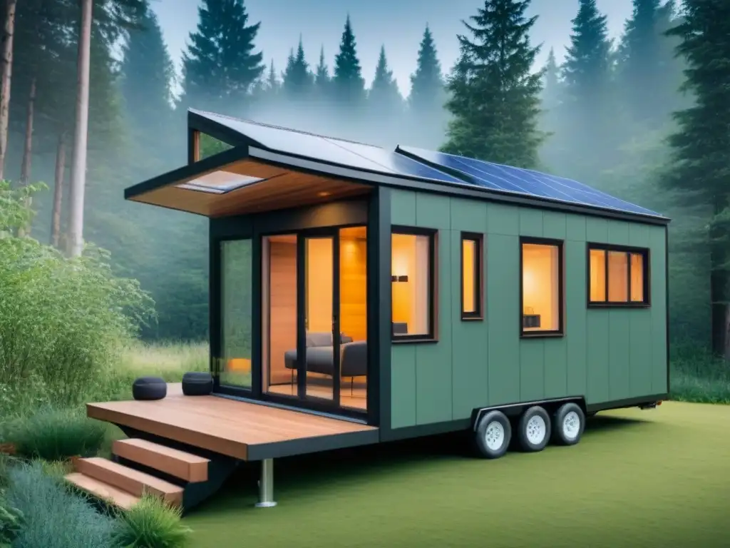 Tiny house sostenible y moderna en bosque verde Vivienda sostenible y moderna para Generación Z, con tecnología de vanguardia, paneles solares y un diseño minimalista en un entorno boscoso