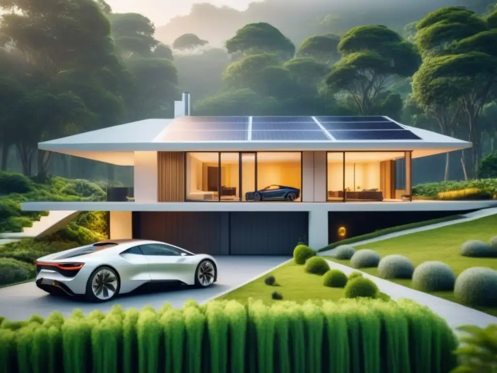 Casa futurista sostenible: diseño moderno y ecoamigable Vivienda sostenible con paneles solares, techos verdes y diseño moderno, rodeada de naturaleza, con un auto eléctrico en el garaje