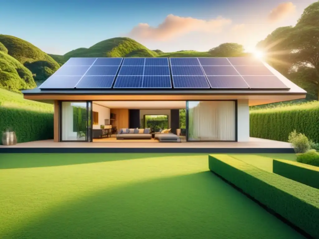 Eco casa sostenible con paneles solares y jardín Vivienda sostenible con paneles solares, rodeada de vegetación exuberante